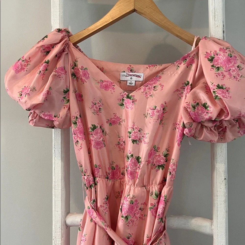 LoveShackFancy Cecile Pink Floral silky belted puff sleeve Mini Dress size 0 - Picture 4 of 10
